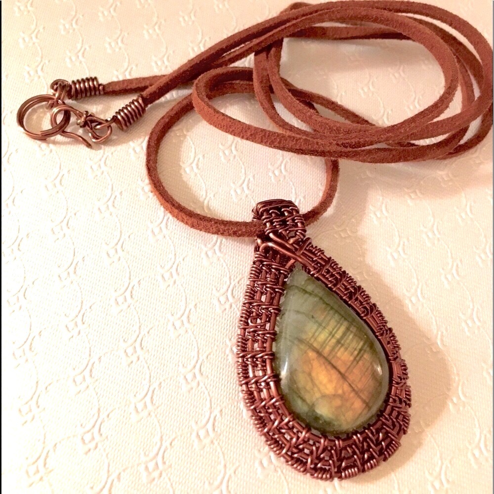 Labradorite Stone wrapped in Bronze Artesian Wire Wrapped + leather corded chain